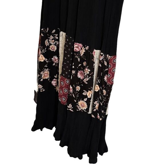 Vintage Black Modest Boho Floral Patches Long Sleeved Maxi Casual Hippie Dress - Picture 8 of 11